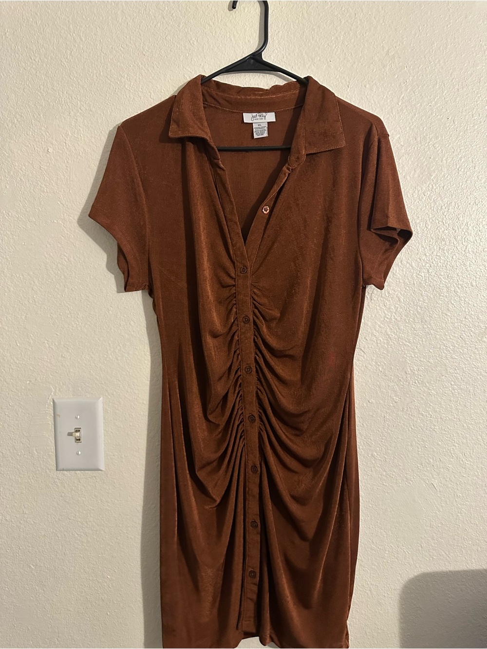 Rust Brown Ruched Button-Front Dress